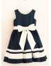 Navy Blue Ivory Satin Stripes Knee Length Flower Girl Dress